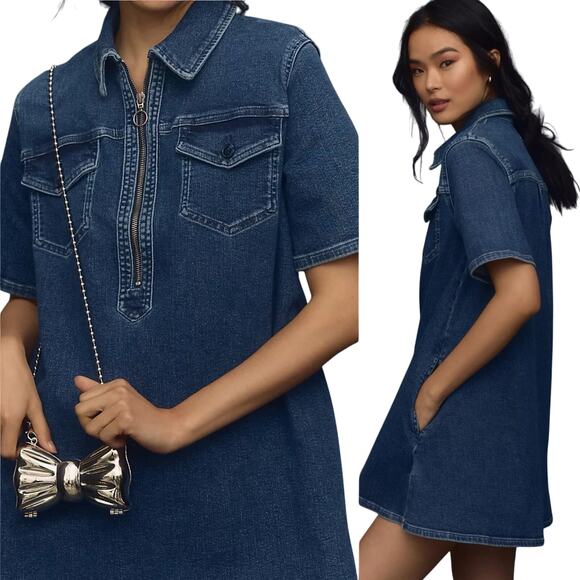 Pilcro Westley Regenerative Cotton Blue Denim Mini Dress Zip Small Short Sleeve - Picture 1 of 15